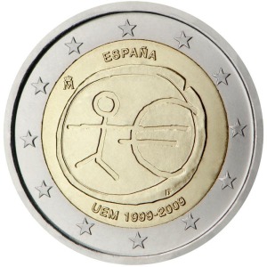 SPAGNA - 2009 - VARIETÀ 2 € 10° dell'Unione Economica Monetaria con stelle grandi - FDC da rotolino