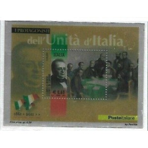 ITALIA - 2011 - 150° dell'Unità d'Italia: Camillo Benso conte di Cavour - 1 BF su lamina d'argento