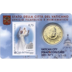 VATICANO - 2011 - Stamp&Coin Card N° 1: Beatificazione di Papa Giovanni Paolo II con 50 c. - 1 moneta FDC