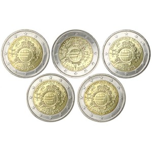 GERMANIA - 2012 - 2 € 10° delle monete e banconote in Euro - 5 Zecche - FDC da rotolini
