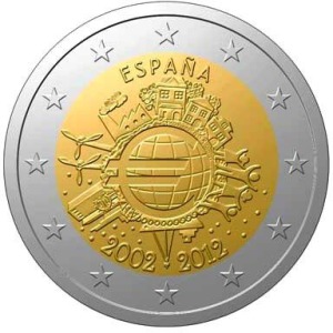 SPAGNA - 2012 - 2 € 10° delle monete e banconote in Euro - Rotolino