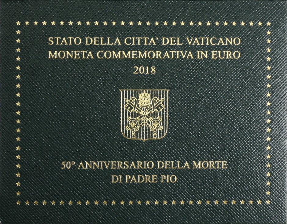 2018 2 Euro 50° della morte di Padre Pio FDC in folder Vaticano fronte 1 VATICANO - 2018 - 2 € 50° della morte di Padre Pio - FDC in folder