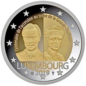 LUSSEMBURGO - 2019 - 2 € 100° dell'ascesa al trono della Granduchessa Charlotte - FDC da rotolino