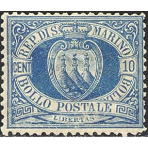 SAN MARINO - 1877 - Stemma 10 c. azzurro - 1 v.
