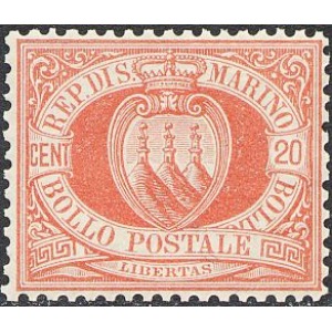 SAN MARINO - 1877 - Stemma 20 c. rosso - 1 v.