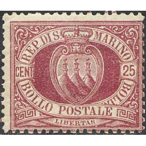 SAN MARINO - 1877 - Stemma 25 c. bruno lacca - 1 v.