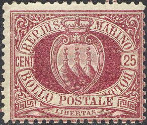 1877 Stemma 25 c. bruno lacca 1 v. San Marino SAN MARINO - 1877 - Stemma 25 c. bruno lacca - 1 v.