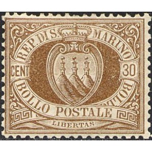 SAN MARINO - 1877 - Stemma 30 c. bruno - 1 v.