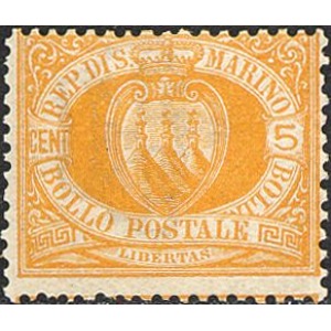 SAN MARINO - 1877 - Stemma 5 c. arancio - 1 v.