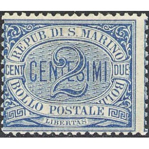 SAN MARINO - 1892 - Cifra 2 c. azzurro - 1 v.
