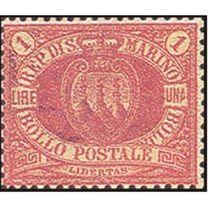 SAN MARINO - 1892 - Stemma 1 L. rosso su giallo - 1 v.