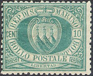 1892 Stemma 10 c. verde 1 v. San Marino SAN MARINO - 1892 - Stemma 10 c. verde - 1 v.