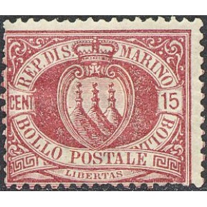 SAN MARINO - 1892 - Stemma 15 c. bruno carminio - 1 v.