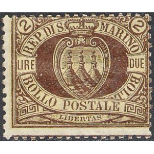 SAN MARINO - 1892 - Stemma 2 L. bruno su carminio - 1 v.