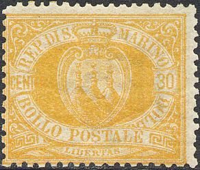 1892 Stemma 30 c. arancio 1 v. San Marino SAN MARINO - 1892 - Stemma 30 c. arancio - 1 v.