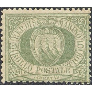 SAN MARINO - 1892 - Stemma 5 c. verde grigio - 1 v.
