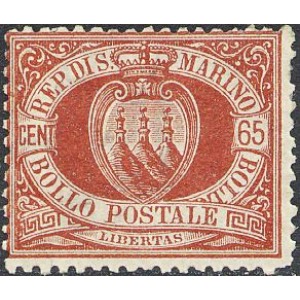 SAN MARINO - 1892 - Stemma 65 c. bruno rosso - 1 v.