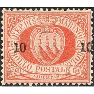 SAN MARINO - 1892 - Stemma soprast. 10 c. su 20 c. rosso (10 e 10) - 1 v.