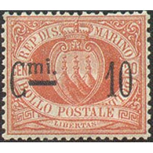 SAN MARINO - 1892 - Stemma soprast. 10 c. su 20 c. rosso (Cmi e 10) - 1 v.