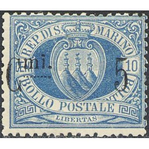 SAN MARINO - 1892 - Stemma soprast. 5 c. su 10 c. azzurro - 1 v.
