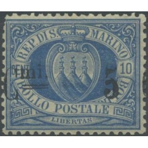 SAN MARINO - 1892 - Stemma soprast. 5 c. su 10 c. oltremare - 1 v.