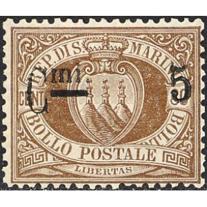 SAN MARINO - 1892 - Stemma soprast. 5 c. su 30 c. bruno - 1 v.