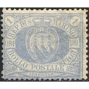 SAN MARINO - 1894/1899 - Stemma 1 L. azzurro grigio - 1 v.