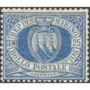 SAN MARINO - 1894/1899 - Stemma 25 c. azzurro - 1 v.