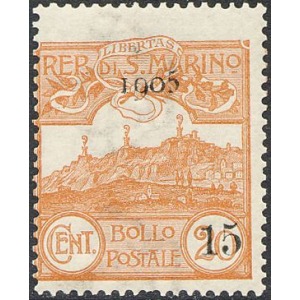 SAN MARINO - 1905 - Veduta soprast. 15 c. su 20 c. arancio (1905 e 15) - 1 v.