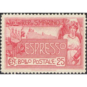 SAN MARINO - 1907 - Espresso: allegoria e veduta 25 c. - 1 v.