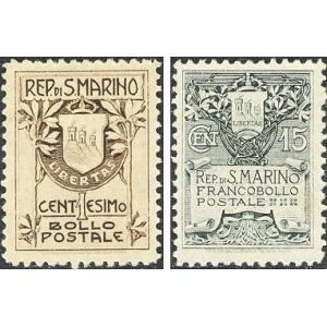 SAN MARINO - 1907 - Stemmi (formato disegno 18,5x25 mm) - 2 v.