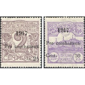 SAN MARINO - 1917 - Pro combattenti soprast. 25 c. su 2 c. e 50 c. su 2 L. (1917 e Pro combattenti) - 2 v.
