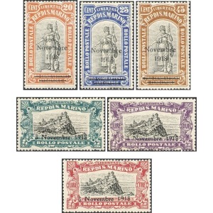 SAN MARINO - 1918 - Commemorativi della Vittoria soprast. su Pro combattenti - 6 v.