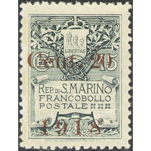 SAN MARINO - 1918 - Stemma soprast. ardesia 20 c. su 15 c. - 1 v.
