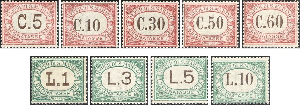 1924 Segnatasse cifra con riquadro nuovi colori carminio e verde 9 v. San Marino SAN MARINO - 1924 - Segnatasse: cifra con riquadro nuovi colori (carminio e verde) - 9 v.