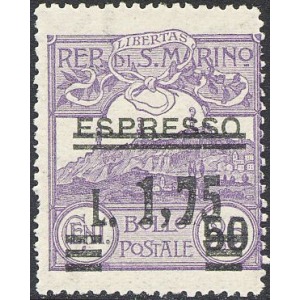 SAN MARINO - 1927 - Espresso non emesso soprast. 1,75 L. per la posta ordinaria - 1 v.