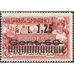 SAN MARINO - 1927 - Espresso: n° 3 soprast. 1,25 L. - 1 v.