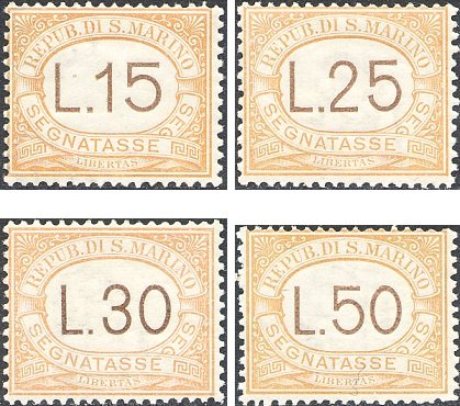 1927 Segnatasse cifra alti valori con riquadro arancio 4 v. San Marino SAN MARINO - 1927 - Segnatasse: cifra alti valori con riquadro arancio - 4 v.