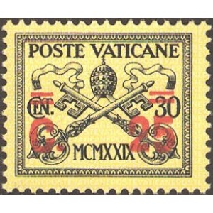 VATICANO - 1931 - Stemma soprat. in rosso 25 c. su 30 c. nero e giallo - 1 v.
