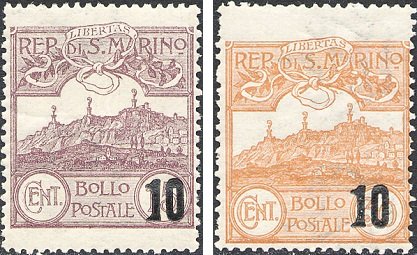 1941 Vedute soprast. 10 su 15 c. e 30 c. 2 v. San Marino SAN MARINO - 1941 - Vedute soprast. 10 su 15 c. e 30 c. - 2 v.