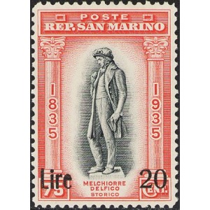 SAN MARINO - 1942 - 100° della morte di Melchiorre Delfico soprast- 20 L. su 75 c. - 1 v.