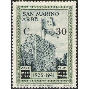 SAN MARINO - 1942 - Riconsegna ad Arbe della bandiera Italiana 30 c. su 20 c. - 1 v.