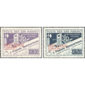SAN MARINO - 1943 - Giornata filatelica Rimini-San Marino soprast. su Propaganda della stampa - 2 v.