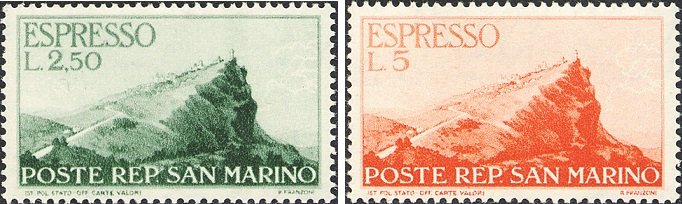 1945 Espressi veduta 2 5 L e 5 L. 2 v. San Marino SAN MARINO - 1945 - Espressi: veduta 2,5 L- e 5 L. - 2 v.