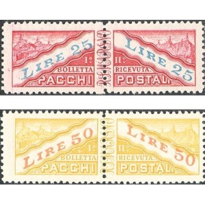 SAN MARINO - 1946 - Pacchi Postali: veduta valori complementari 25 L. e 50 L. - 2 v.