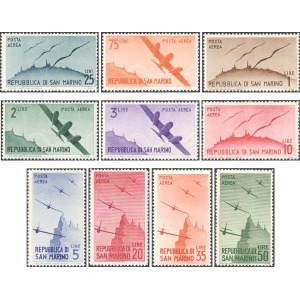 SAN MARINO - 1946 - Posta Aerea: aerei sul Monte Titano - 10 v.
