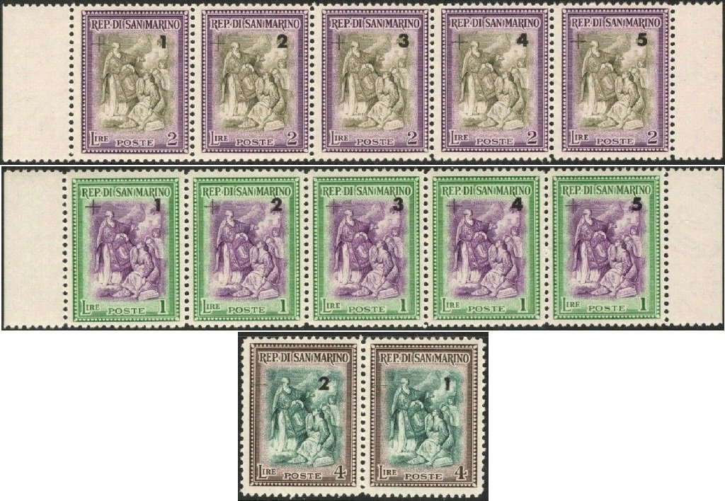 1947 Beneficenza soprast. su Alberoniana 12 v. in strisce San Marino SAN MARINO - 1947 - Beneficenza soprast. su Alberoniana - 12 v. in strisce