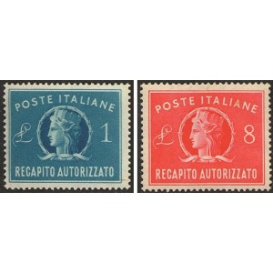 ITALIA - 1947 - Recapito Autorizzato: Italia Turrita grande formato 1 L. e 8 L. - 2 v.