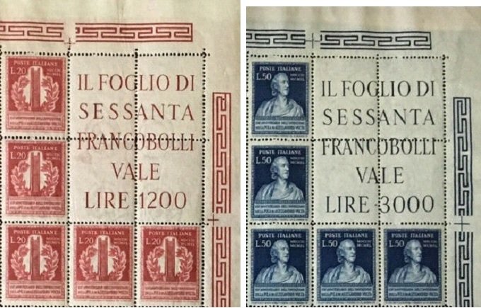 1949 150° dell invenzione della pila elettrica di Alessandro Volta 2 blocchi angolari Italia ITALIA - 1949 - 150° dell'invenzione della pila elettrica di Alessandro Volta - 2 blocchi angolari
