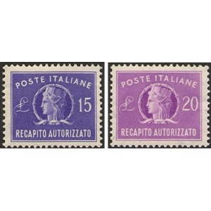 ITALIA - 1949 - Recapito Autorizzato: Italia Turrita formato ridotto 15 L. e 20 L. (fil. ruota alata) - 2 v.